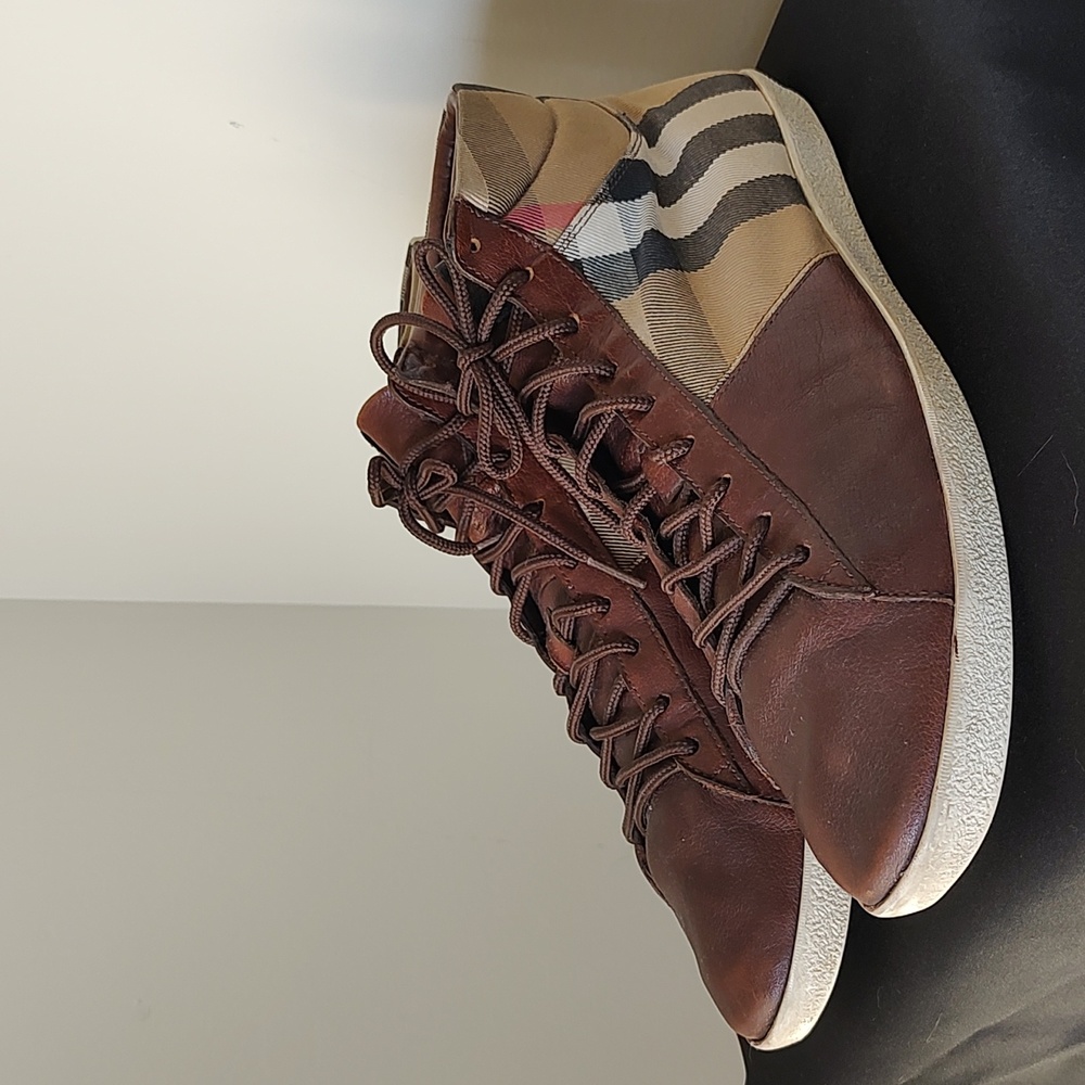 SOLD Burberry Leather & Check Canvas High Top Men's Sneakers Size 44 / US 11 - Picture 4 of 12